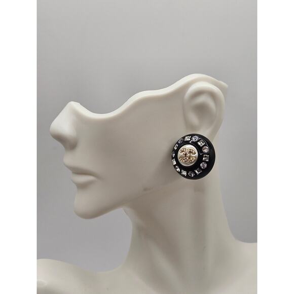 Chanel Black Resin Faux Pearl Crystal CC Stud Earrings - Picture 11 of 14
